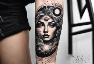A surrealistic forarm sleeve tattoo featuring beautiful goddess’s face with glowing eyes creating the universe. Above her in the background is a black hole with a man being lifted into it tattoo idea