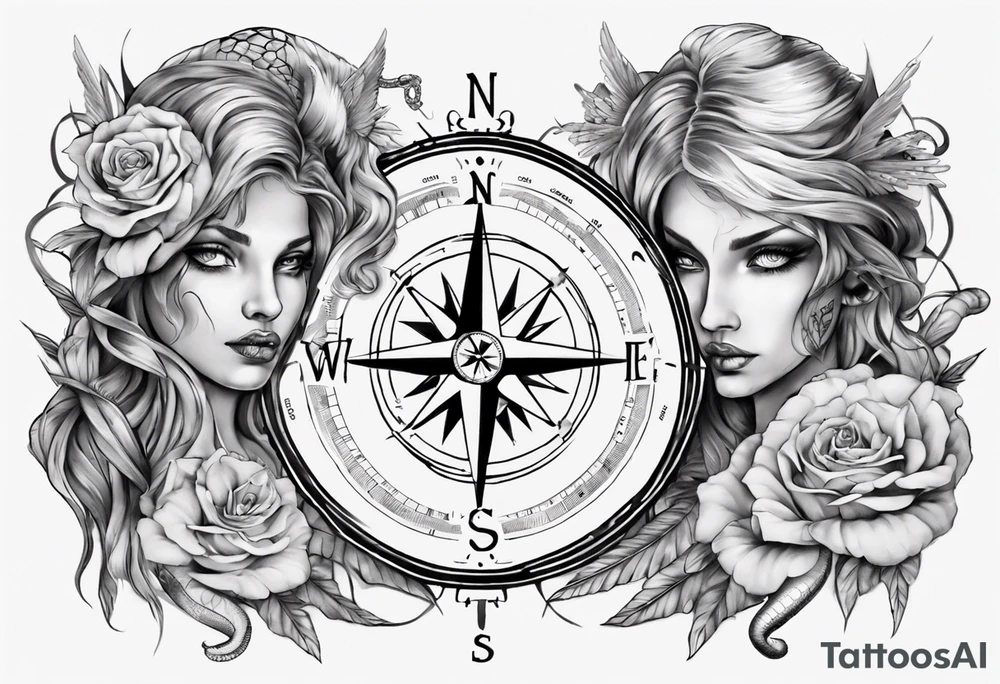 Compass tatoo with Gemini angels and snake make it more trendy tattoo idea
