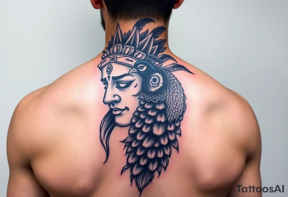 lord murugan colorful face tattoo with peacock
on back feminine tattoo idea