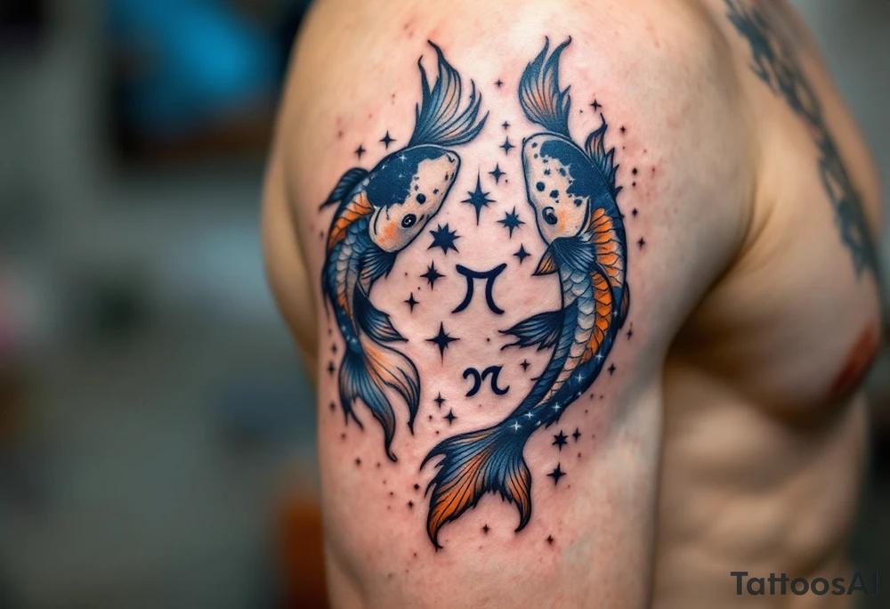 Twin koi fish swim around a sparkling navy Pisces constellation, merging the symbol and stars in harmony. tattoo idea