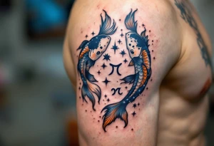 Twin koi fish swim around a sparkling navy Pisces constellation, merging the symbol and stars in harmony. tattoo idea