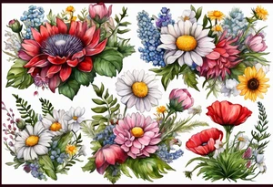and oval of wildflowers cascading with thistles, ferns, white anemones, sun flowers, buttercups, pink flowers, red flowers, babys breath and daisies all in watercolor tattoo idea