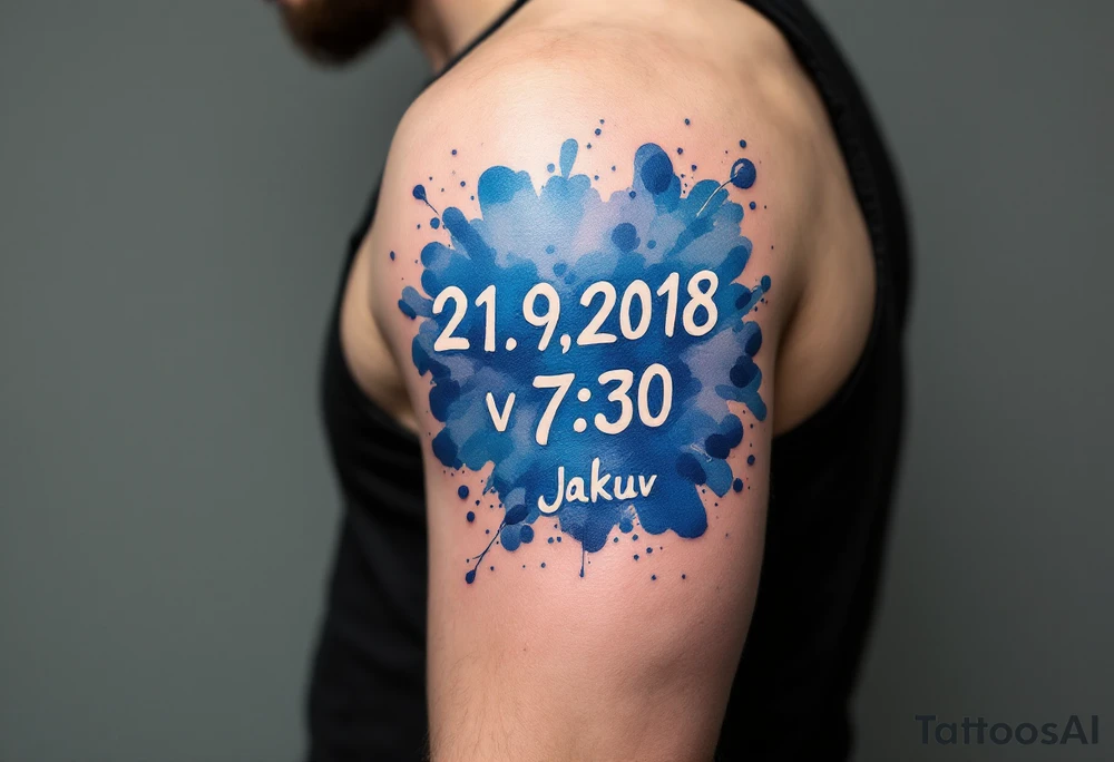 Bold numbers "21.9.2018 v 7:30" with the name "Jakub" beneath, surrounded by a blue watercolor splash. tattoo idea