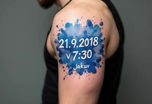 Bold numbers "21.9.2018 v 7:30" with the name "Jakub" beneath, surrounded by a blue watercolor splash. tattoo idea