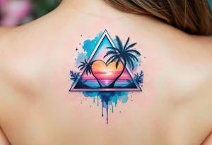 A triangle with a big heart in the center with an ocean palm tree theme tattoo idea