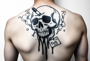 Graffiti type skull with markers dripping ink with a tag that says on tick behind it with smoke that says fuck the buff tattoo idea