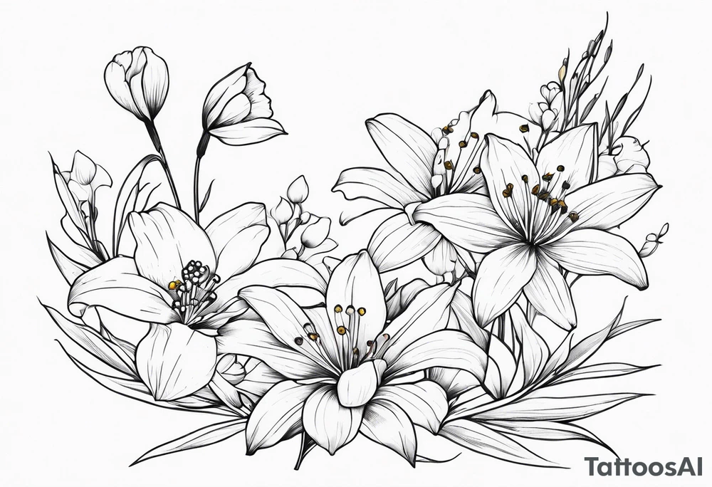 fine line flowers, vines, lily of the valley flower, aster flower, narcissus flower, arm sleeve tattoo idea