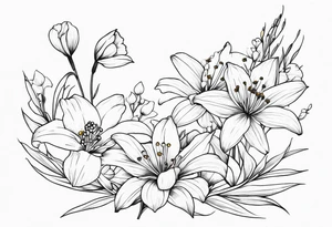 fine line flowers, vines, lily of the valley flower, aster flower, narcissus flower, arm sleeve tattoo idea