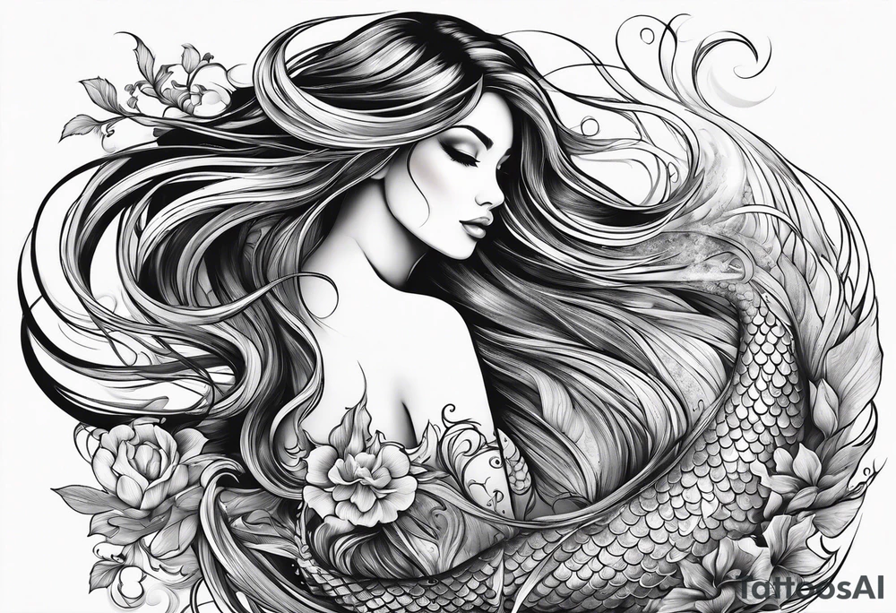 mystical sultery
 mermaid with long 
flowing tail and hair, tattoo sleeve tattoo idea