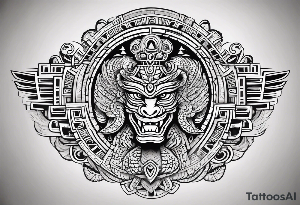 Design a masculine and fierce right chest tattoo of Quetzalcoatl, the Aztec feathered serpent god. Make Quetzalcoatl appear like if emerging from the chest with his powerful, head dynamically leading the way. His face should have sharp, intense features, with fierce, piercing eyes and serpent fangs bared. Incorporate traditional Aztec geometric patterns, like jagged lines and spirals, to emphasize strength and power. Use bold, black ink with subtle shading to give depth and texture, while ensuring the design stays sharp and aggressive. The feathers should appear sharp and stylized, giving an aura of both wisdom and danger. Refrence real illustrations in the Aztec culture tattoo idea