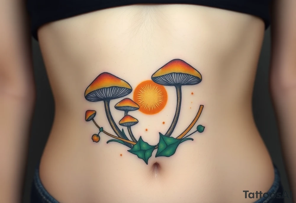 A golden mole surrounded by ethereal glowing mushrooms, blending shades of ochre, bronze, and deep forest green tattoo idea