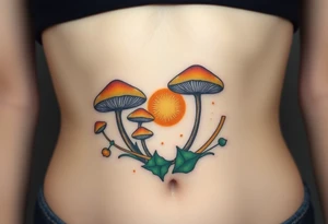 A golden mole surrounded by ethereal glowing mushrooms, blending shades of ochre, bronze, and deep forest green tattoo idea