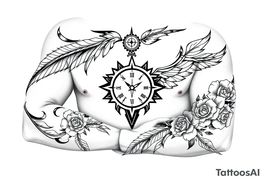 feathers with compass  a clock on elbows with roses tattoo idea