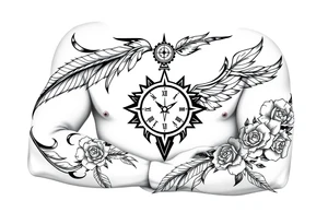 feathers with compass  a clock on elbows with roses tattoo idea