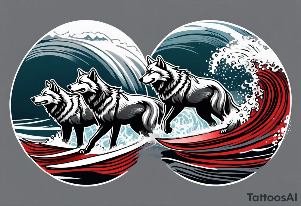 a pack of 3 howling muscular  gray wolves surfing waves with a linear background with red, white and black and gray tattoo idea