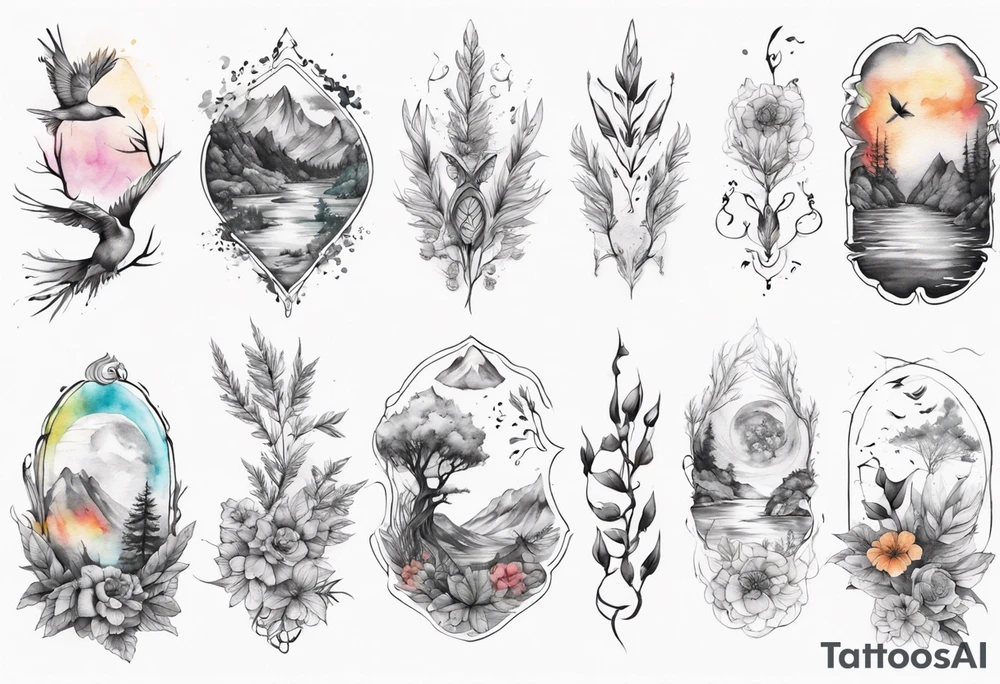 Back tattoo fine line with nature and some
Colors tattoo idea