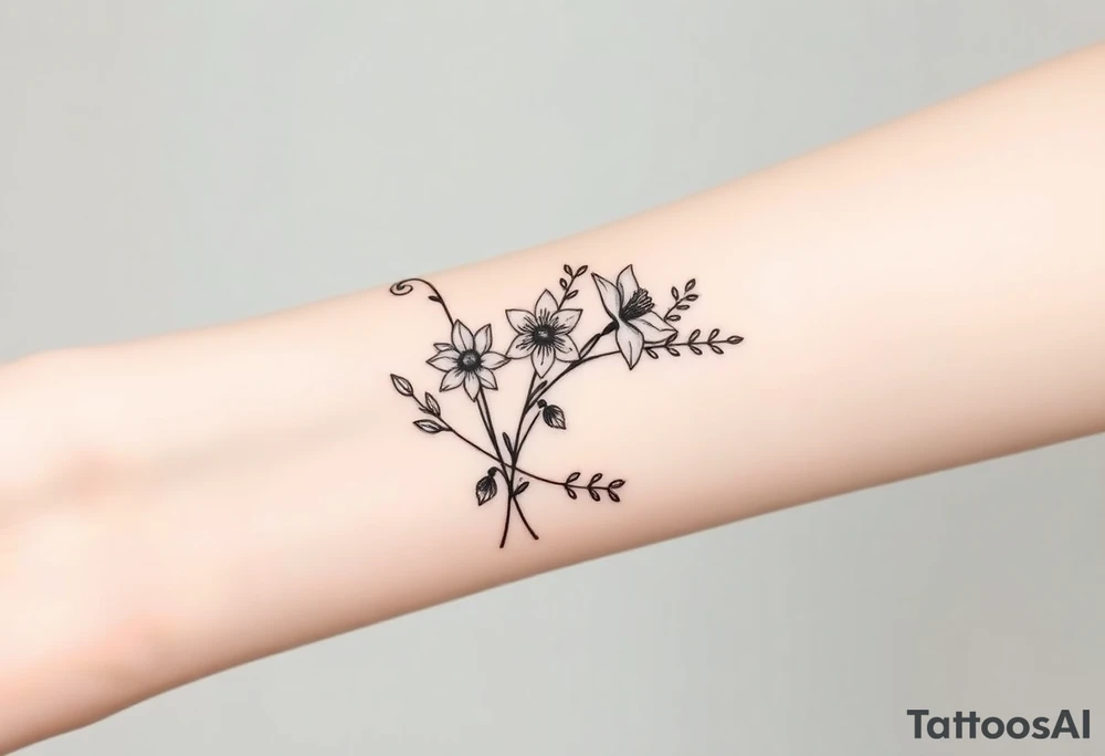 Bouquet of birth months flowers Lilly of the valley, daffodil, larkspur and Ilex aquifolium with berries tattoo idea