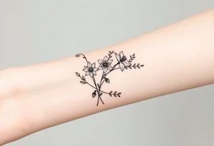 Bouquet of birth months flowers Lilly of the valley, daffodil, larkspur and Ilex aquifolium with berries tattoo idea