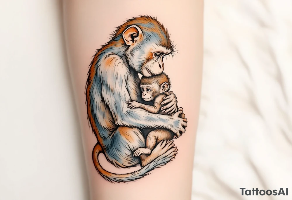 A monkey cradling her baby in her lap in warm earth tones reflects playfulness and a strong emotional bond. tattoo idea