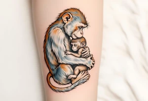 A monkey cradling her baby in her lap in warm earth tones reflects playfulness and a strong emotional bond. tattoo idea