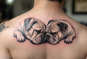 a golden retriever and an English bulldog, lying besides each other, head to head, foreheads touching, side view tattoo idea