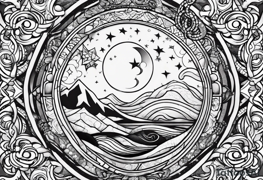 Moon, snake, cosmos, small cover up tattoo idea