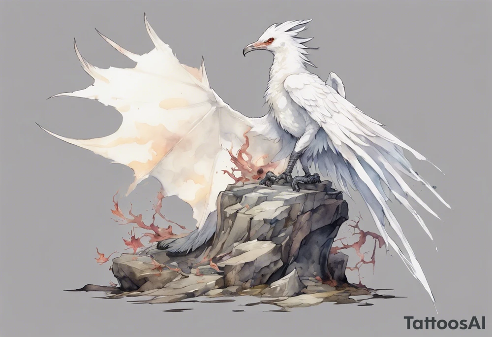 a white bird-wyvern hybrid wearing a plain iron diadem, standing on a stone throne tattoo idea
