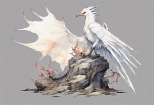 a white bird-wyvern hybrid wearing a plain iron diadem, standing on a stone throne tattoo idea