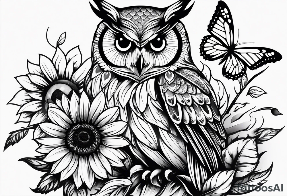Owl sunflower and butterfly half sleeve tattoo idea
