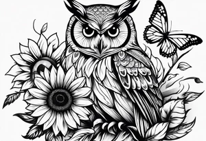 Owl sunflower and butterfly half sleeve tattoo idea
