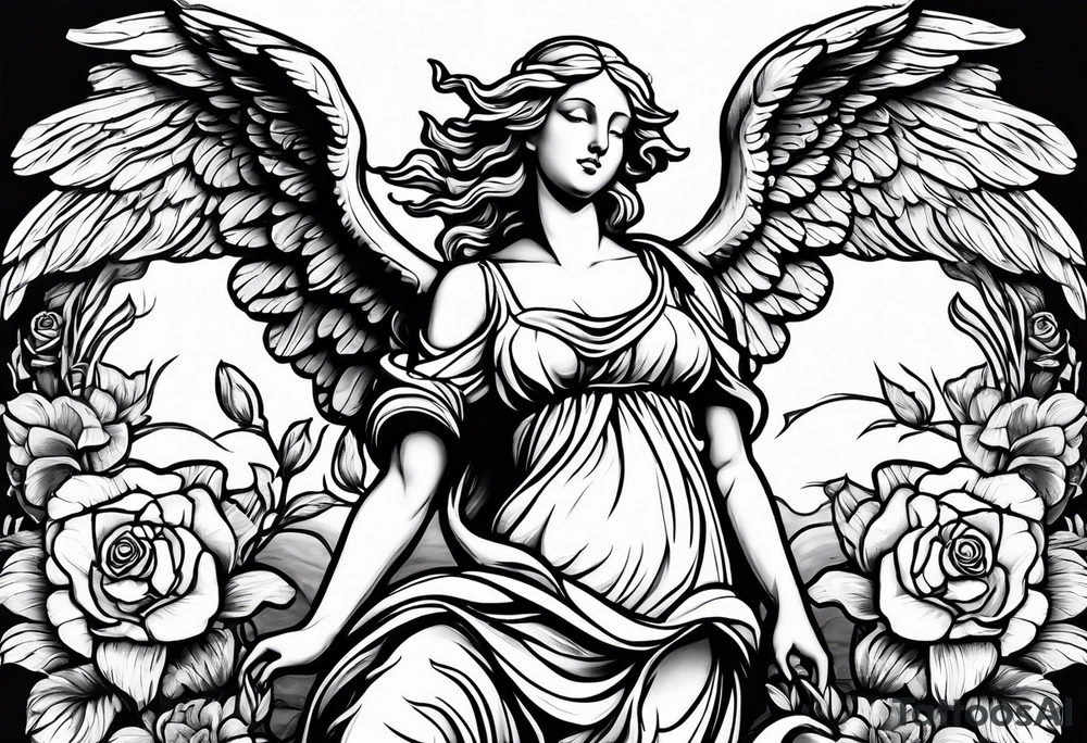 Simple Angel statue stood on a rock with daffodils and roses wrapped around its legs tattoo idea