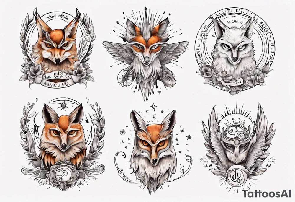 halb 
Fuchs halb Eule unter der Sonne mit dem Schriftzug Sapere Aude tattoo idea