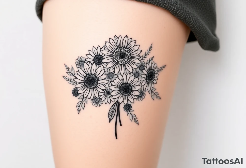 Bouquet of sunflowers, water Lillies, dahlias, marigolds, carnations, hydrangeas, daisys, and chrysanthemums tattoo idea