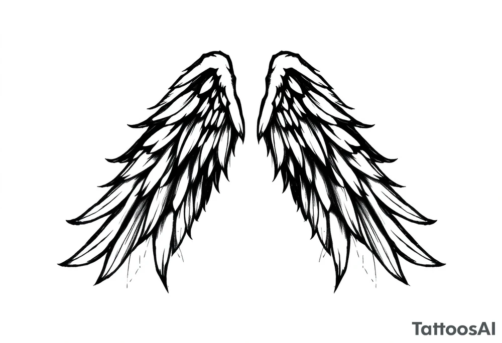 the wings go up

This tattoo design features a pair symmetrical angel wings drawn in black ink with a rough, sketch-like style. The left wing is darker, more defined, and appears denser, while the right wing is lighter, more delicate, and fragmented, creating a contrast between the two. The feathers are sharp and irregular, with fine lines and stray strokes extending outward, adding a raw and artistic feel. The overall look is dynamic and slightly chaotic, giving the impression of movement or an unfinished, ethereal form. This design symbolizes duality, freedom, transformation, or even struggle, making it a meaningful and visually striking tattoo. tattoo idea