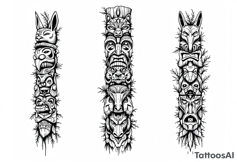 A black and brown totem pole with stacked animal faces carved into bark-like texture. tattoo idea