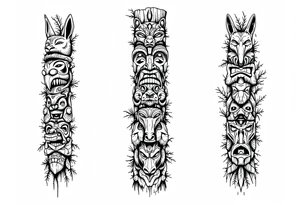 A black and brown totem pole with stacked animal faces carved into bark-like texture. tattoo idea