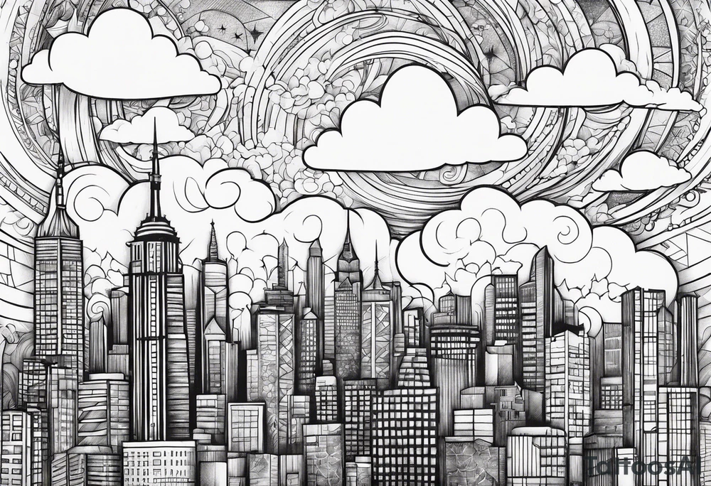 stars, clouds, city tattoo idea