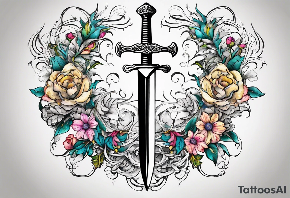 a sword with vines and flowers wrapped around it tattoo idea