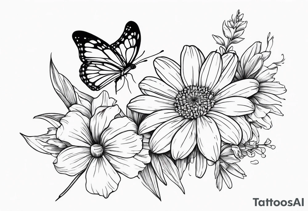 Daisy, marigold and lily flowers with a butterfly tattoo idea