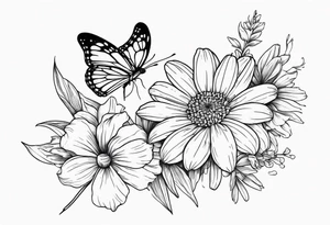 Daisy, marigold and lily flowers with a butterfly tattoo idea
