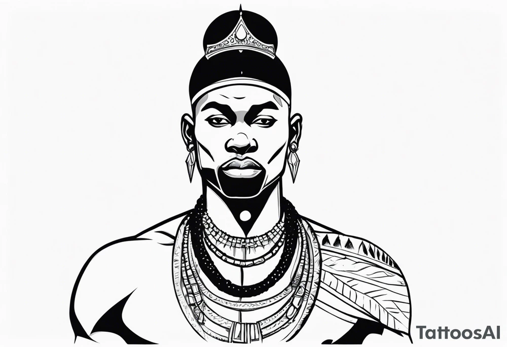 Black-skinned bald african warrior. He wears a simple and small silver crown. He uses a necklace of cowry shells tattoo idea