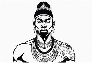 Black-skinned bald african warrior. He wears a simple and small silver crown. He uses a necklace of cowry shells tattoo idea