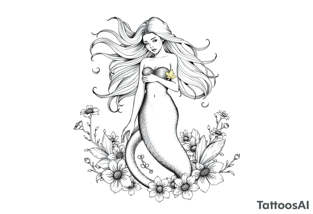 ethereal mermaid with flowing hair among coral and sea flowers tattoo idea