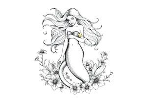 ethereal mermaid with flowing hair among coral and sea flowers tattoo idea