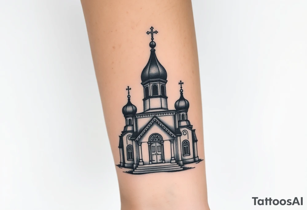 in a dorsal view a detailed medium sized country style russian orthodox church with onion domes and a band at the front with mist shrouding the top and fading into a virgin mary overlooking above at the top tattoo idea