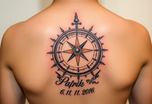 A realistic sundial with the child’s name "Patrik" and birth date 06. 11. 2016 engraved on the base, in warm earthy browns and bronze tones tattoo idea