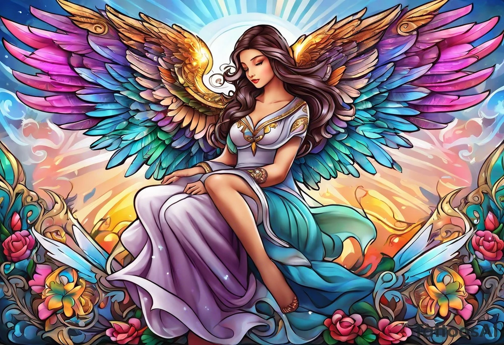 beautiful intricate colorful new school angel wings, tattoo idea