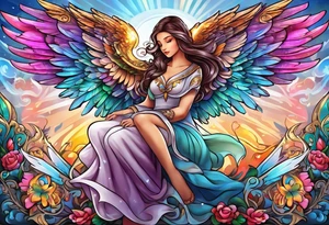beautiful intricate colorful new school angel wings, tattoo idea