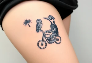 Woody the woodpecker wearing a leather vest that says peckerwoods, on a Harley Davidson under a palm tree, gazing in love at a barn owl tattoo idea