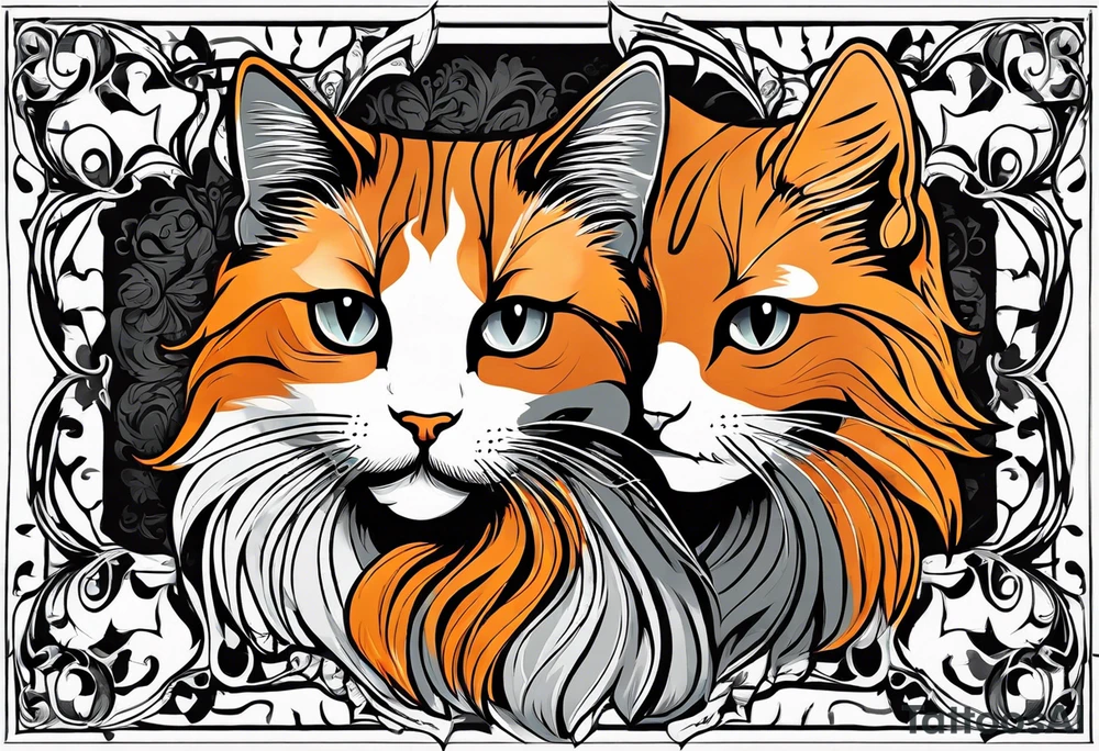 3 cats, A Maine coon cat, a orange long hair cat, a shorthair black gray tattoo idea